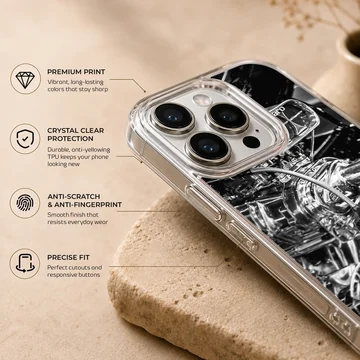 Detailed engine design of an American muscle car on phone case — Info