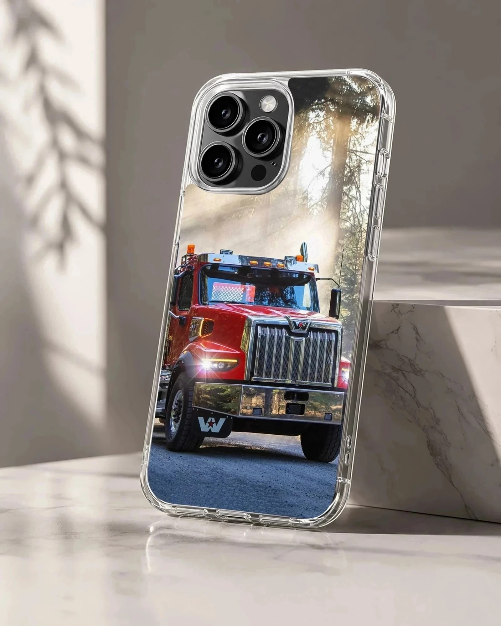 American truck driving through a forest, depicted on phone case
