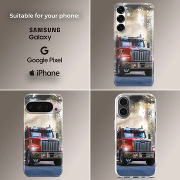 American truck driving through a forest, depicted on phone case — Collage