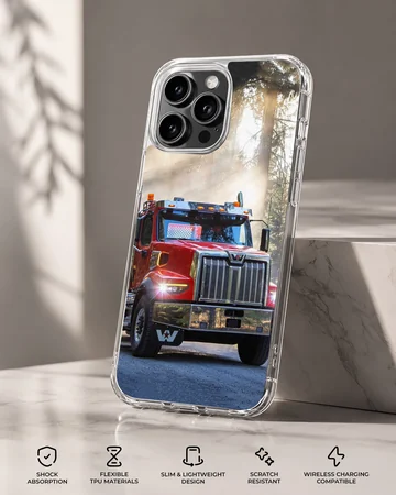American truck driving through a forest, depicted on phone case — Specs