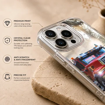 American truck driving through a forest, depicted on phone case — Info