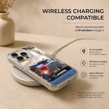 American truck driving through a forest, depicted on phone case — Charging