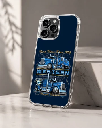 American truck artwork with bold blue design on phone case. — Hero