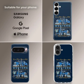 American truck artwork with bold blue design on phone case. — Collage