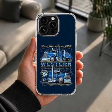 American truck artwork with bold blue design on phone case. — Lifestyle