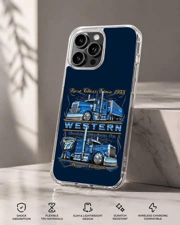 American truck artwork with bold blue design on phone case. — Specs