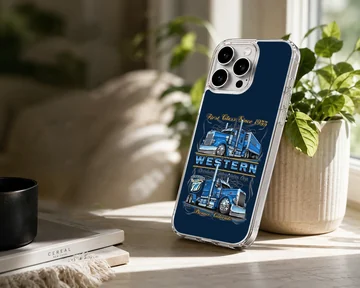 American truck artwork with bold blue design on phone case. — Lifestyle