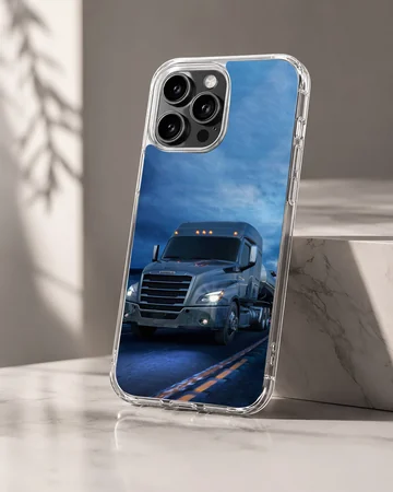 American truck driving on a highway under a blue sky, phone case — Hero