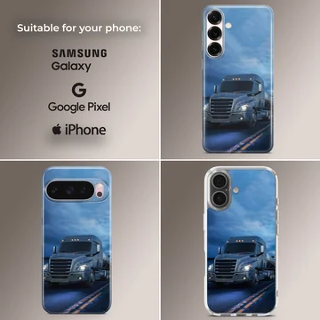 American truck driving on a highway under a blue sky, phone case — Collage