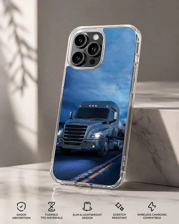 American truck driving on a highway under a blue sky, phone case — Specs