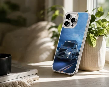 American truck driving on a highway under a blue sky, phone case — Lifestyle