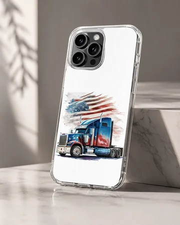 Digital illustration of an American truck and flag on a phone case — Hero