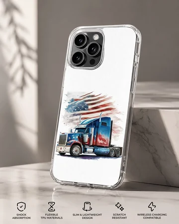 Digital illustration of an American truck and flag on a phone case — Specs