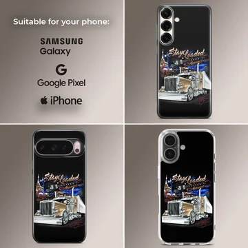 American Truck illustration on phone case with cityscape and dynamic lighting. — Collage