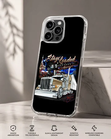 American Truck illustration on phone case with cityscape and dynamic lighting. — Specs
