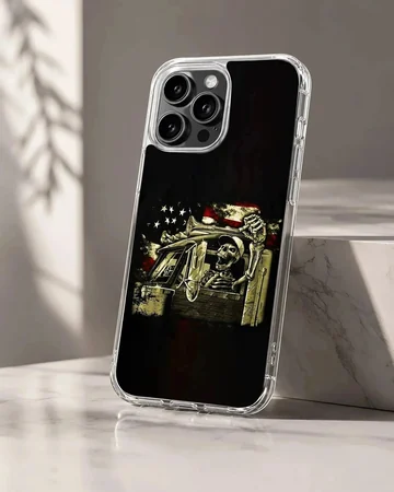 American truck design on a phone case, featuring bold colors and edgy style.