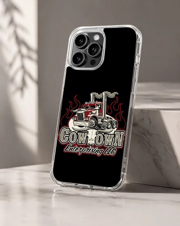 Dynamic vintage American truck with fiery accents on phone case — Hero