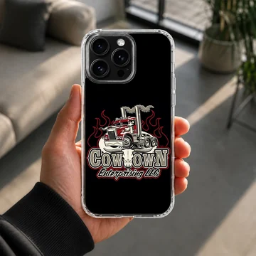 Dynamic vintage American truck with fiery accents on phone case — Lifestyle