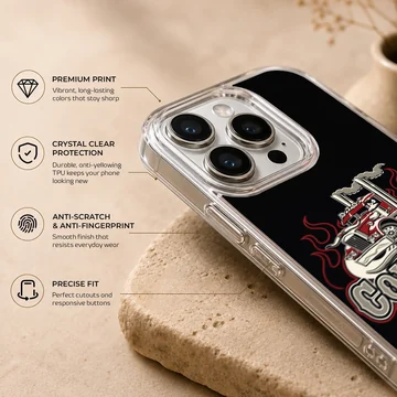 Dynamic vintage American truck with fiery accents on phone case — Info