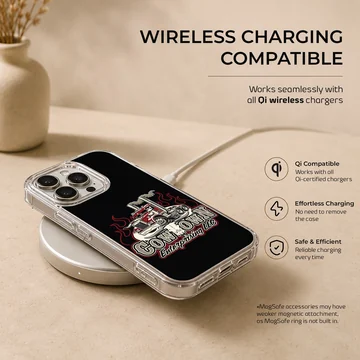 Dynamic vintage American truck with fiery accents on phone case — Charging