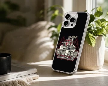 Dynamic vintage American truck with fiery accents on phone case — Lifestyle