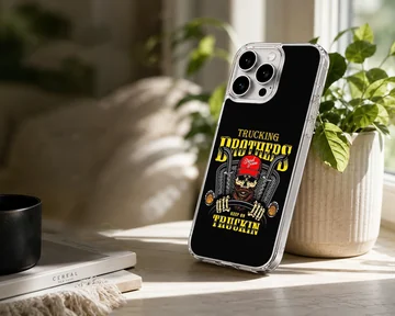 Bold American truck artwork with trucking slogan on phone case — Lifestyle