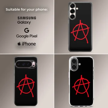 Black phone case with red anarchy symbol design — Collage