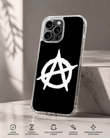 Phone case with bold anarchy symbol in black and white — Specs