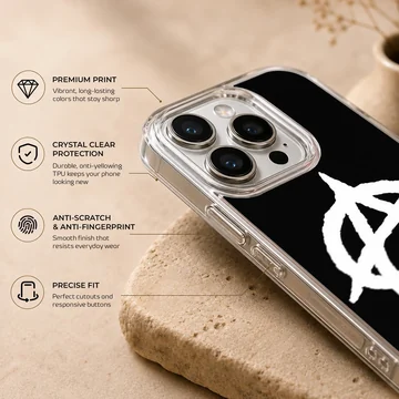 Phone case with bold anarchy symbol in black and white — Info