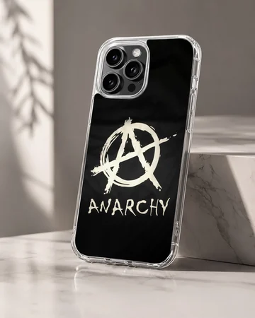Anarchy symbol in bold typography on black background phone case. — Hero