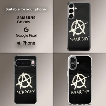 Anarchy symbol in bold typography on black background phone case. — Collage