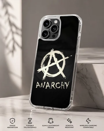 Anarchy symbol in bold typography on black background phone case. — Specs