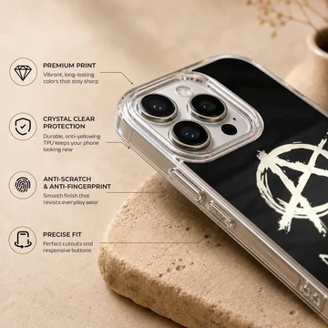 Anarchy symbol in bold typography on black background phone case. — Info