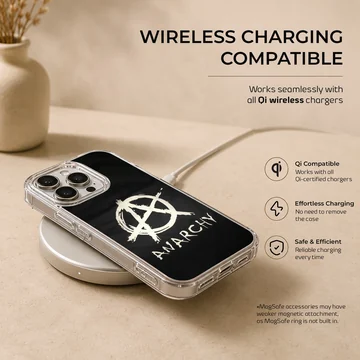 Anarchy symbol in bold typography on black background phone case. — Charging
