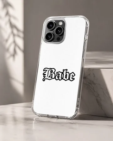 Black gothic 'Babe' typography on white background phone case — Hero