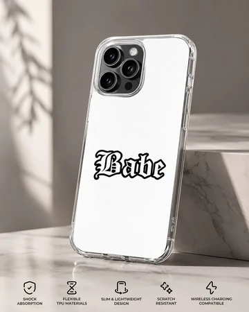 Black gothic 'Babe' typography on white background phone case — Specs