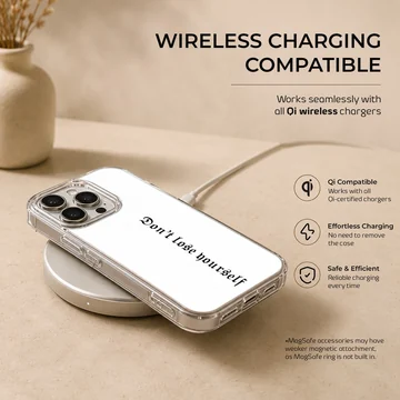 Phone case with ancient font text reading 'Don't lose yourself' — Charging