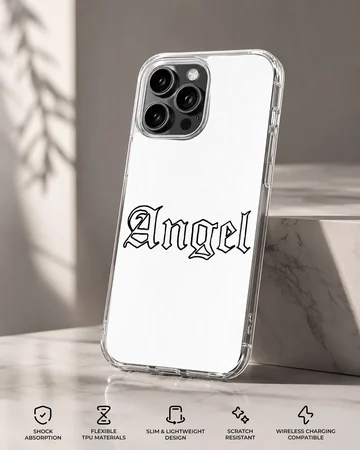 Phone case with 'Angel' design in ancient font texts — Specs