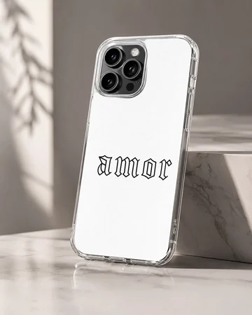 Phone case featuring 'Amor' in ancient font on white background — Hero