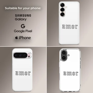 Phone case featuring 'Amor' in ancient font on white background — Collage