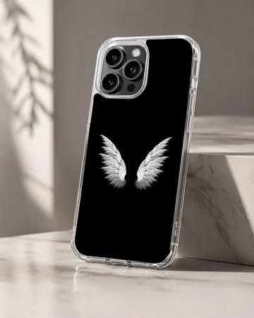 Phone case featuring angel wings on a black background — Hero