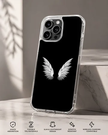 Phone case featuring angel wings on a black background — Specs