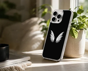Phone case featuring angel wings on a black background — Lifestyle