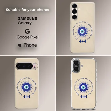 Angel-themed phone case with protection quote and minimal design. — Collage