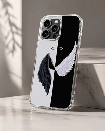 Black and white angel wings design on phone case — Hero