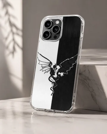 Angel artwork on a black and white phone case — Hero