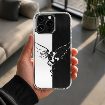 Angel artwork on a black and white phone case — Lifestyle