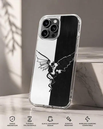 Angel artwork on a black and white phone case — Specs