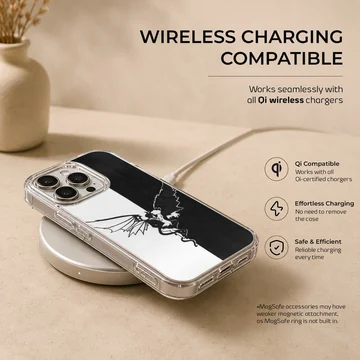 Angel artwork on a black and white phone case — Charging