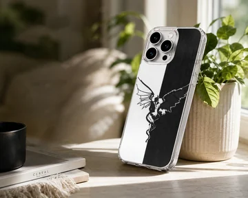 Angel artwork on a black and white phone case — Lifestyle